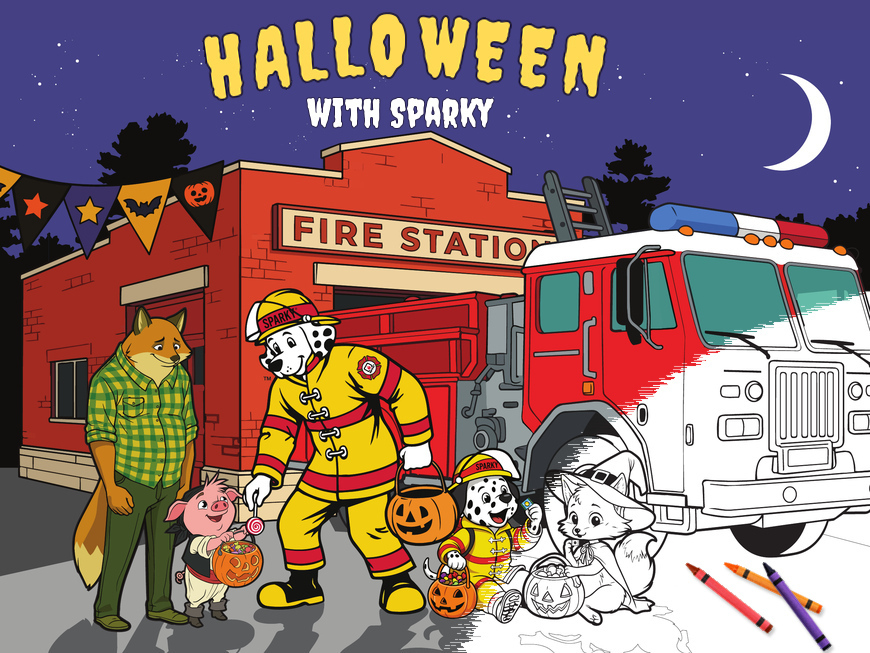 Halloween at the Fire Station Coloring Sheet